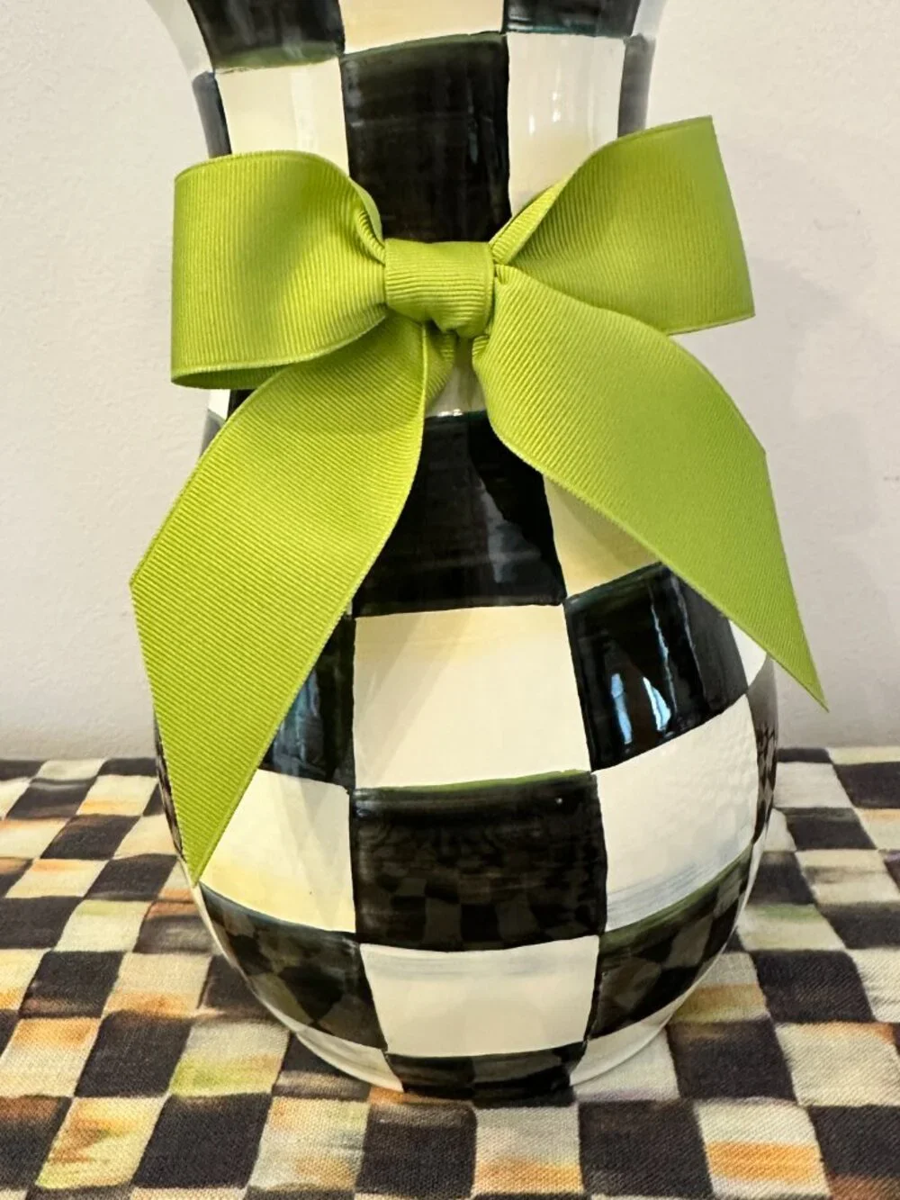 MacKenzie-Childs Courtly Check Enamel Vase With Green Ribbon 10